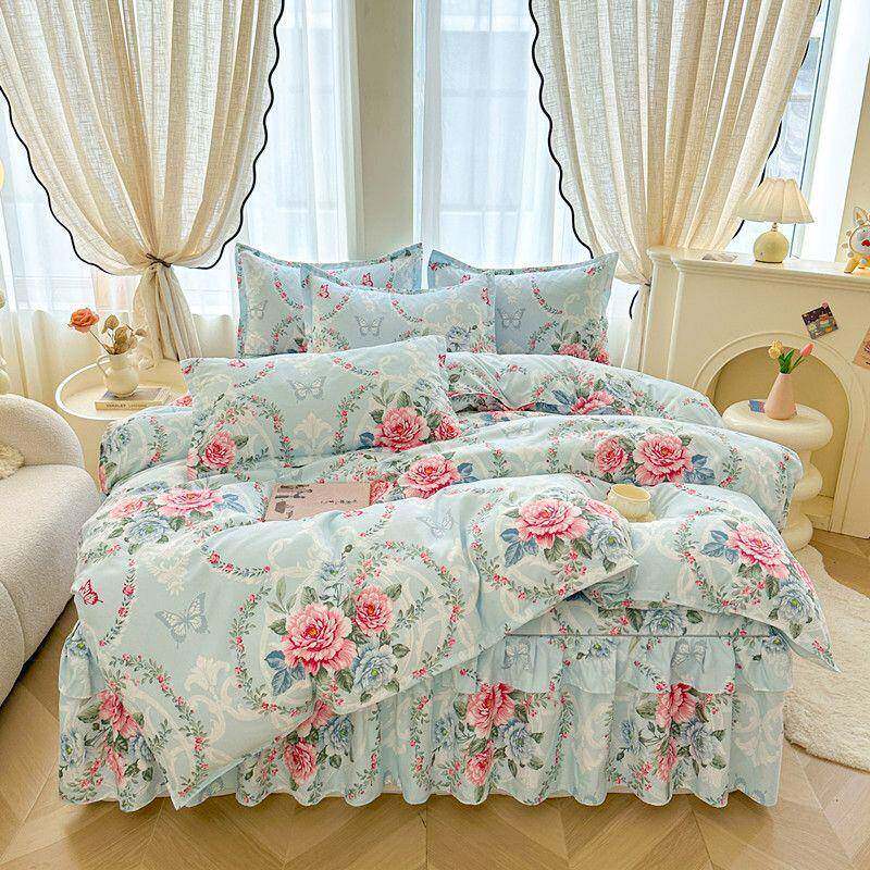 床裙四加件套暖韩版磨厚毛床裙套件公主ZCH保床罩斜纹床套三件套