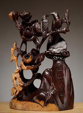 喜檀GG493黑木雕花好月圆件上眉梢喜鹊花鸟雕刻工艺品摆家居装饰