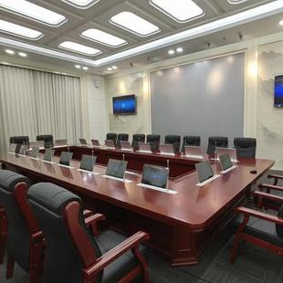 大型实木桌油漆RIL纸能会智议桌长无化会议系统升降屏显示器办公