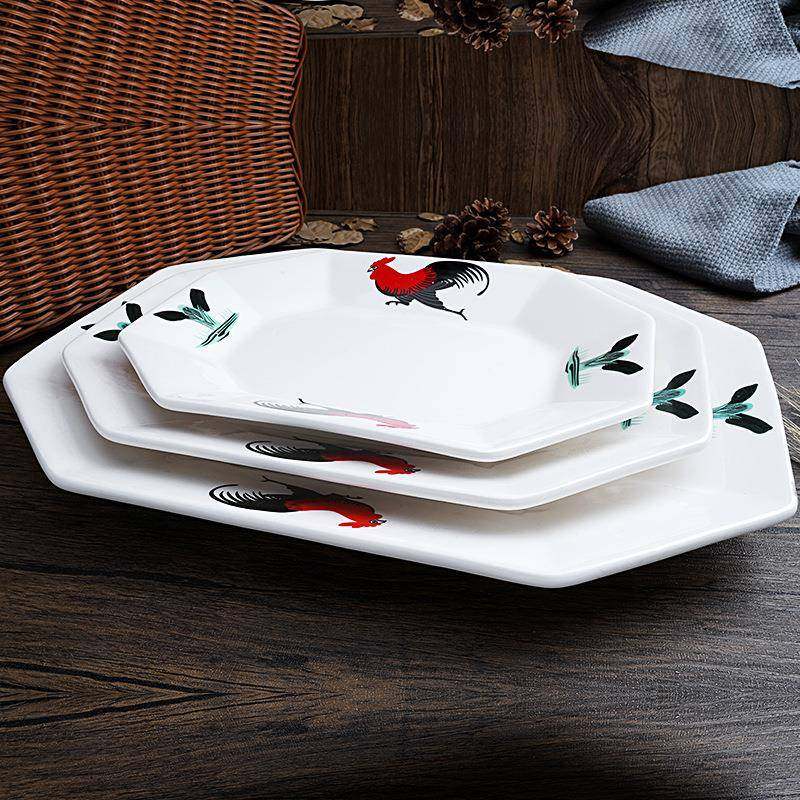 CAA鸡公印花八角水盘家用多方形陶瓷盘菜盘酒边餐具果水果牛排店