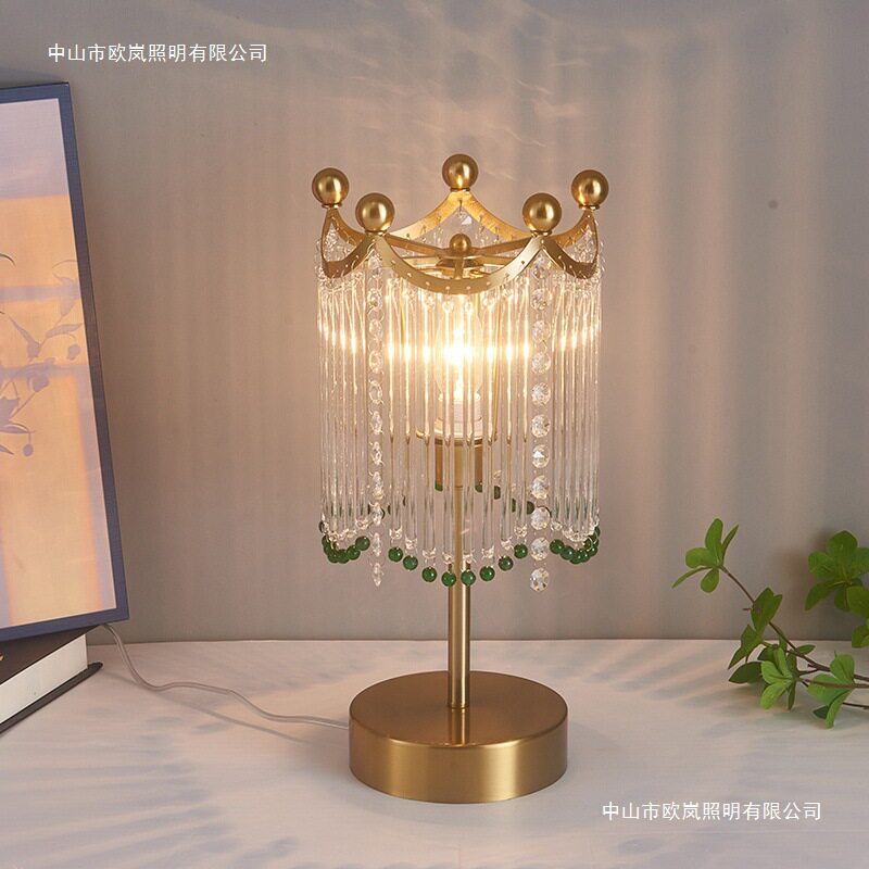 复古法式轻奢玻璃条流苏台灯绿色圆珠美式客厅卧室床头现代水晶灯