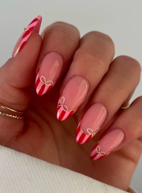 新年红色法式海莉穿戴甲手工中长简约老钱美甲高级绝美杏仁指甲