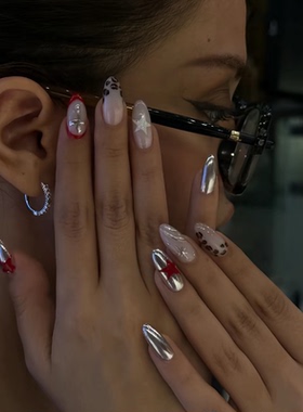 高级辣妹风豹纹星星海莉穿戴甲手工中长款美甲高级绝美杏仁指甲