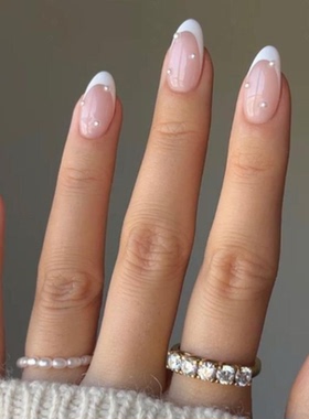 Sellora珍珠白色法式海莉穿戴甲手工中长款美甲绝美高级杏仁指甲