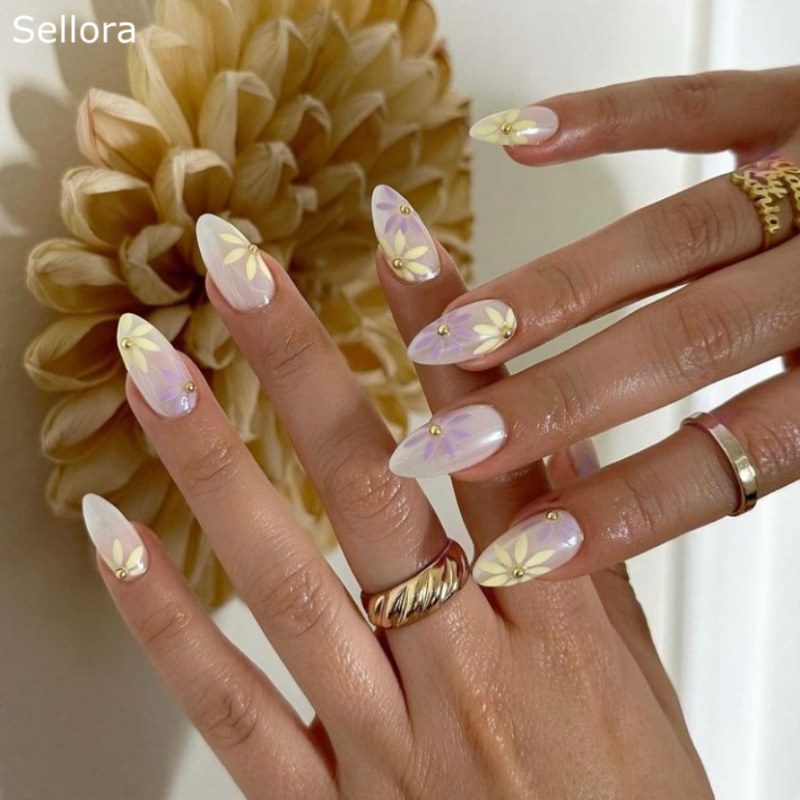 Sellora简花朵风海莉穿戴甲手工中长款美甲绝美高级杏仁指甲