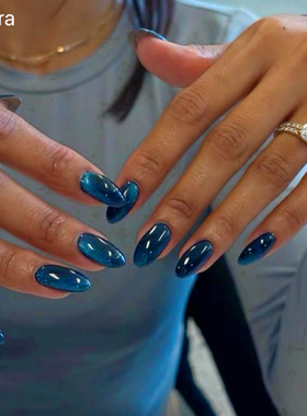 Sellora蓝色猫眼海莉穿戴甲手工中长款纯色美甲绝美高级杏仁指甲