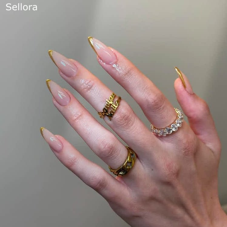 Sellora简约金色线条海莉穿戴甲手工中长款美甲绝美高级杏仁指甲