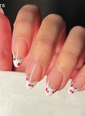 Sellora白色法式樱桃穿戴甲海莉手工中长款美甲绝美高级杏仁指甲
