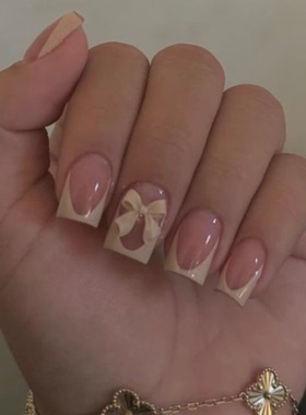 浅棕蝴蝶结精致海莉穿戴甲手工短款简约老钱美甲高级绝美短甲指甲