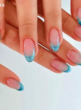 Sellora蓝色猫眼法式海莉穿戴甲手工中长款美甲绝美高级杏仁指甲