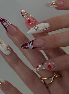 红色氛围新年海莉穿戴甲手工中长款简约老钱美甲高级绝美杏仁指甲