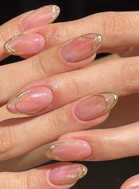 金边法式海莉穿戴甲手工中长简约老钱美甲高级绝美杏仁指甲