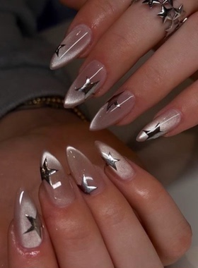 氛围猫眼星星海莉穿戴甲手工中长简约老钱美甲高级绝美杏仁指甲