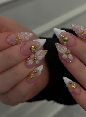 法式雕花海莉穿戴甲手工中长简约老钱美甲高级绝美杏仁指甲