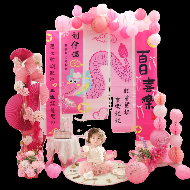 龙宝宝满月宴装饰百天布置条幅百日宴女孩30天粉色灯笼装饰背景墙