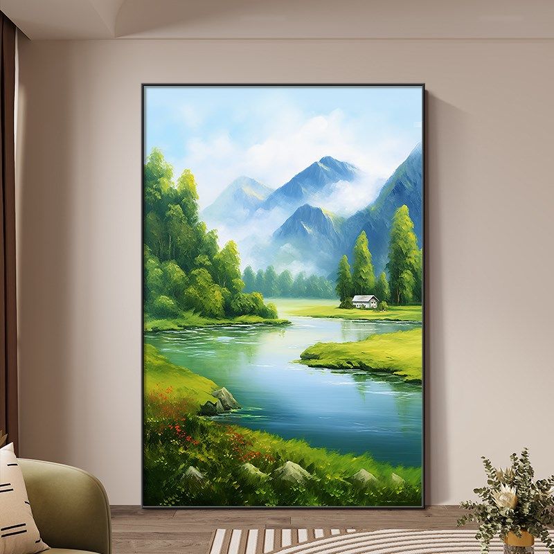 流水生财入户进门装饰画客厅背景墙挂画玄关走道餐厅山水风景壁画