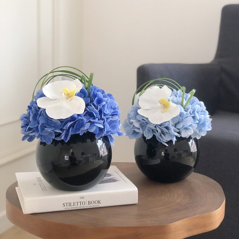 高档蓝色绣球花仿真花艺插花会所商务桌花洽谈桌会议样板间假花