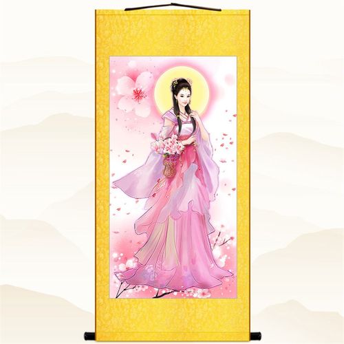 桃花仙子画像 仙女人物画中式复古装饰画绢布卷轴挂画 可来图定制