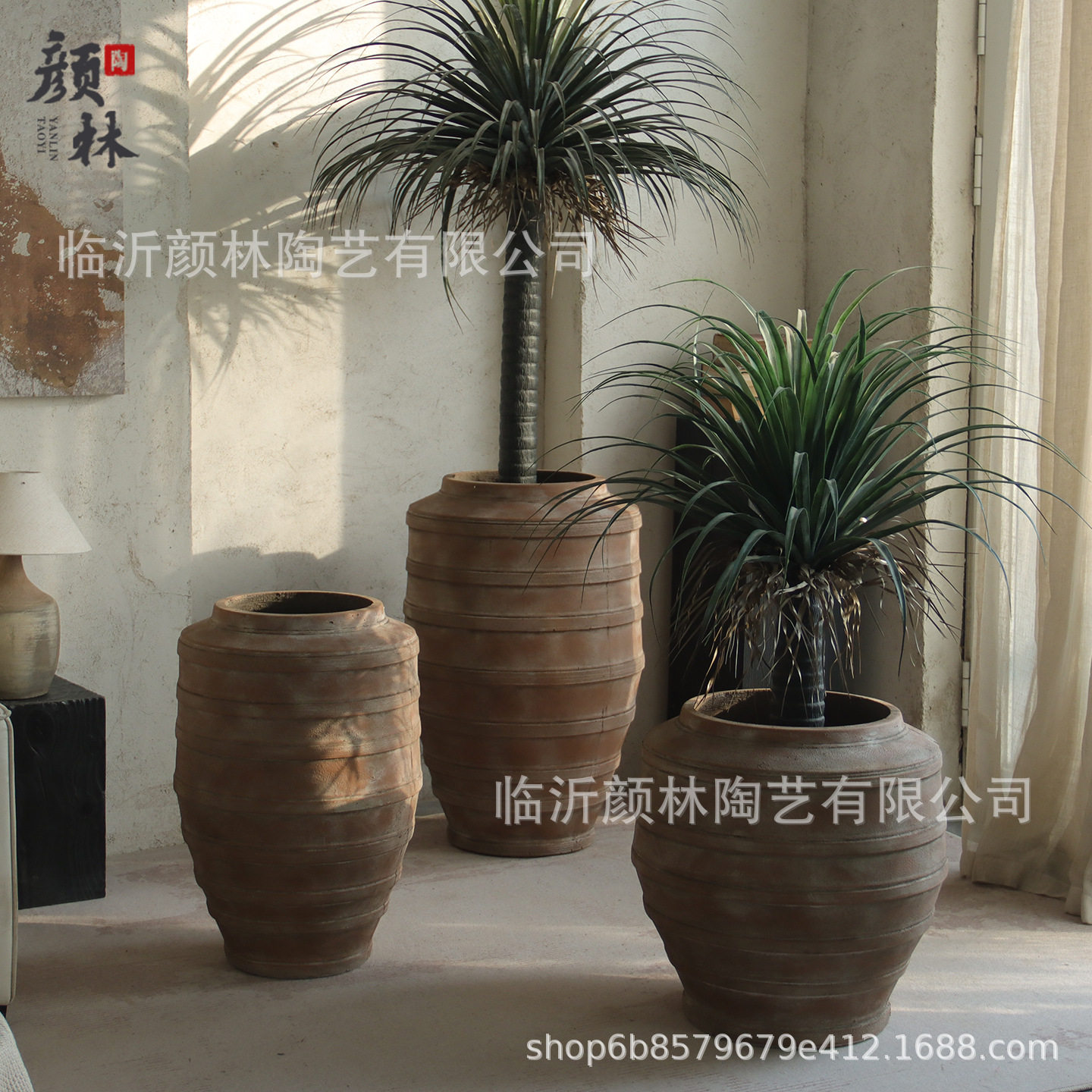 高款红陶色粗纹水泥花瓶复古做旧落地绿植花盆客厅玄关装饰花器