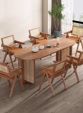 北欧实木藤1222222型编桌椅藤组小户型家用餐厅餐馆民合宿长方饭