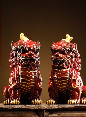 家居客厅办公手工皮丘桌面饰品乔迁礼品创意陶瓷招财一对貔貅摆件