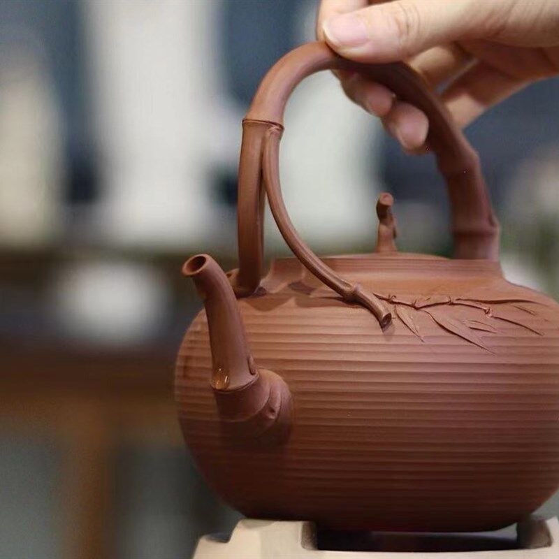 林于凯大师桃子砂挑壶新提梁竹壶朱泥烧水煮茶壶家用煮水壶提梁壶
