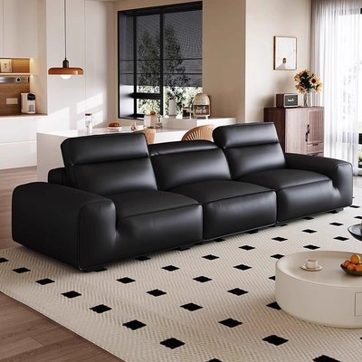 法式覆古高端大黑牛皮沙发客厅大小公寓头枕可调节黑色直沙发