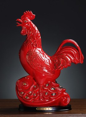 红色陶瓷公鸡摆件吉祥物大号如意元宝鸡工艺品家居卧室动物现代