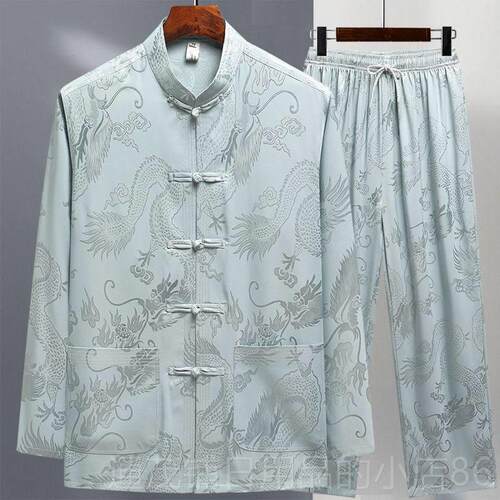 正品唐装男冰丝长袖套装夏春爸中年复古风汉老服爸老人爷爷晨练太