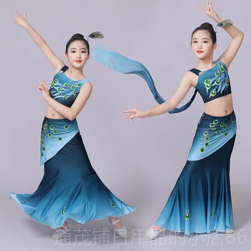 正品新儿童傣族舞款蹈演服女童孔雀舞包臀鱼出尾族裙幼儿表演服民
