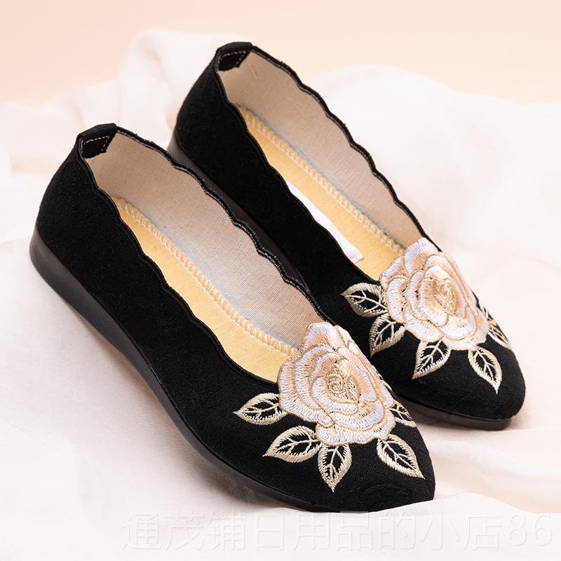 正品女老北妈京布鞋式绣花鞋民族新款平底时尚纯布妈鞋软底舒风适