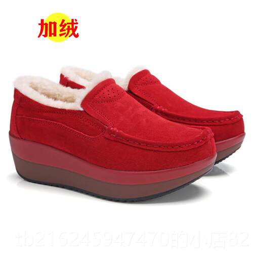 高档闲采购产女鞋秋，棉鞋，冬温暖的母亲平底鞋，中跟真皮休厚底