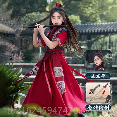 高档女童夏花木兰服装儿童汉服s季袖中国风女侠剑客短co将军古装