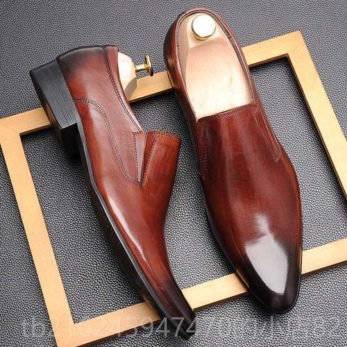 高档韩版潮男脚蹬尖头皮鞋 一英伦头层牛皮装商务正鞋套脚真皮男