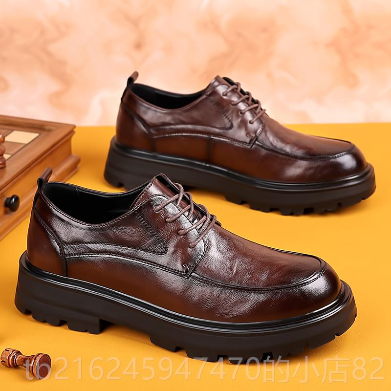 高档皮鞋男休夏季士圆大头软厚底男商务正装黑色轻人202年闲5新款