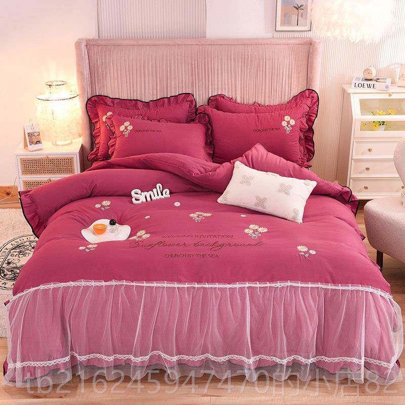 高档公主风蕾丝被套床四上件套磨四毛床裙季通加厚春秋ins裸睡床