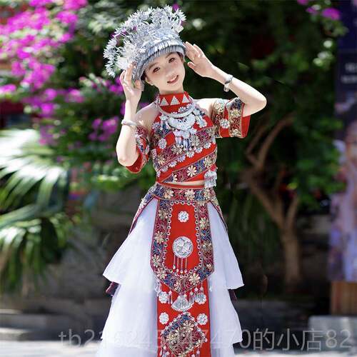 高档中苗大童民族服孩族服装舞蹈演小出服夏季套新款白色红服一整