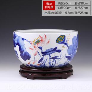 正品景德镇陶瓷鱼缸摆件青花客乌龟缸睡莲缸办厅瓷酒店公室装饰品