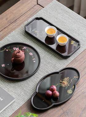 手工手小绘国画壶承干泡39455台型制中圆式复古竹托盘盘功夫茶具