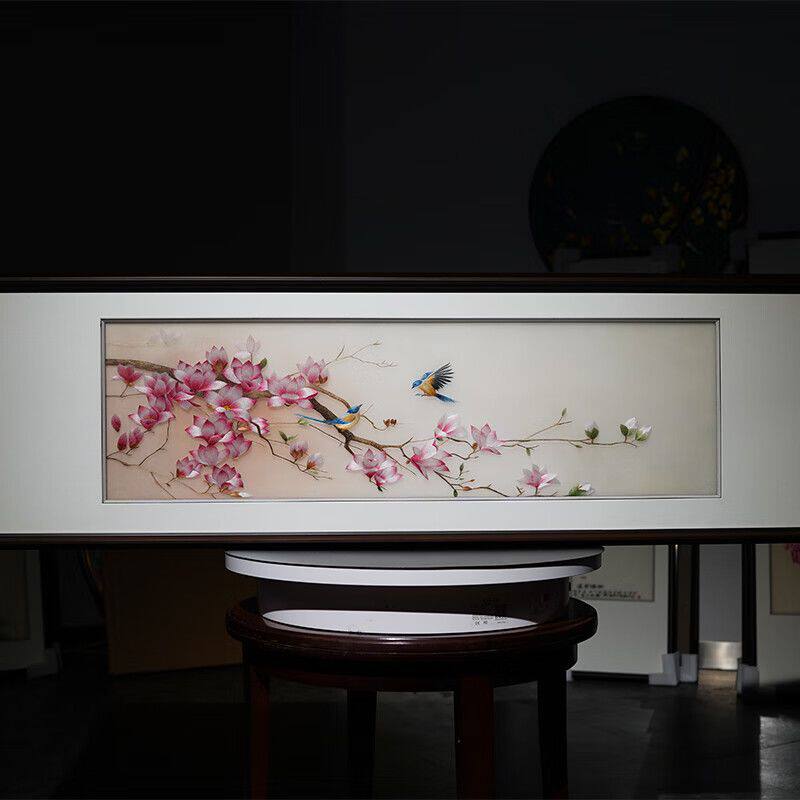 苏绣玉兰花鸟图新中式现代装饰画手工刺绣挂画客厅茶室沙发背景墙
