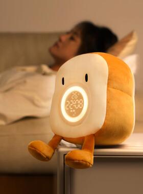 定吐司毛绒闹钟26684灯创意小多功能学生电子时闹钟卧夜室床头伴