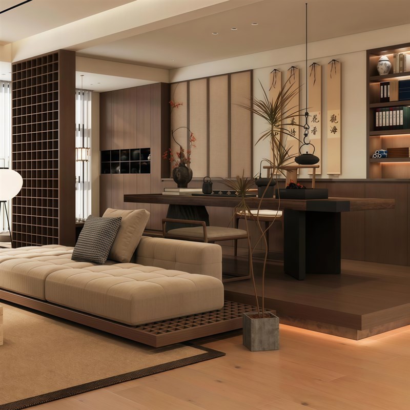宋式美学实木沙发别墅会所酒店直排布艺沙发民宿售楼处原木风沙发