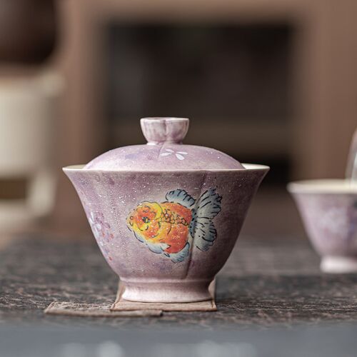 女士陶瓷二才盖碗茶杯茶碗家用泡茶高档茶具釉下彩紫鳞金鱼礼盒装