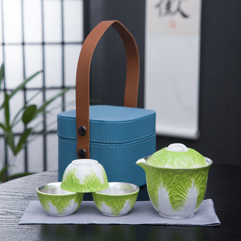 银茶具旅行茶具青花瓷功夫茶具套装整套茶壶组合白菜百财高档送礼