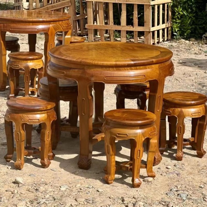 金丝楠木圆鼓桌圆餐桌中式古典饭桌明式休闲桌海棠茶桌打牌桌