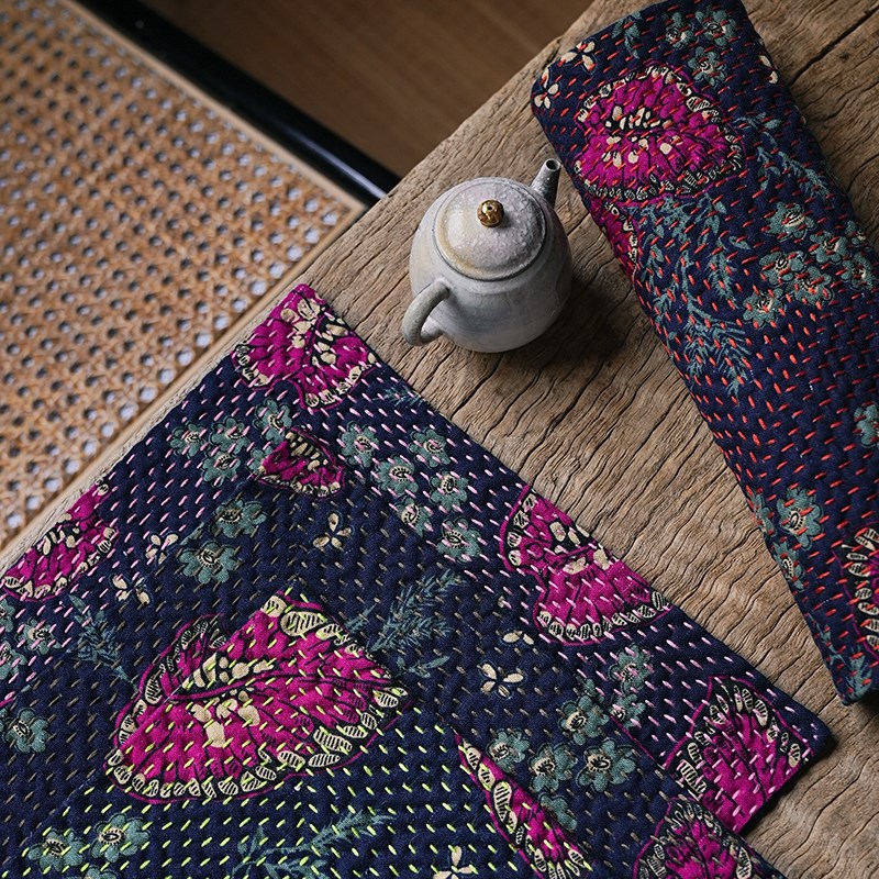 钟声刺绣 纯手工缝制 叶落归根密密缝茶席茶垫 中式家居置物垫