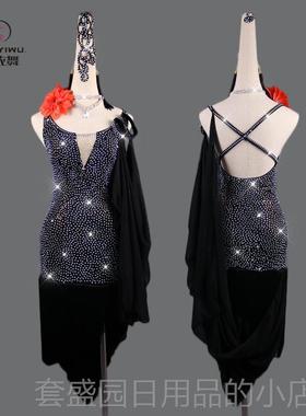 高档新款拉丁比赛服sol舞o镶钻演出服装表演高成人女少童级黑色流