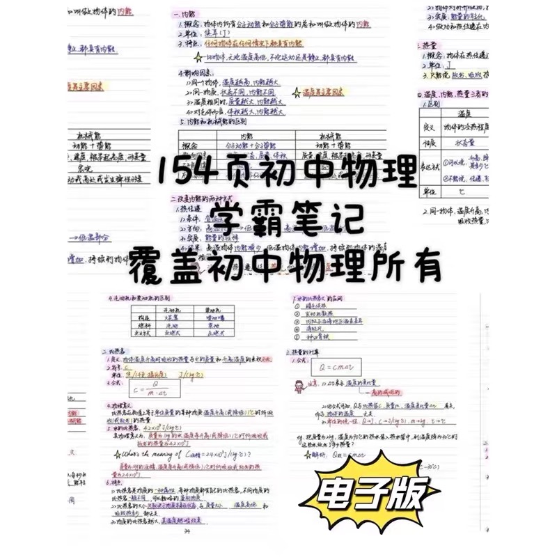 物理笔记例题和公式推导过程物理分数98分初中物理中考笔记电子版