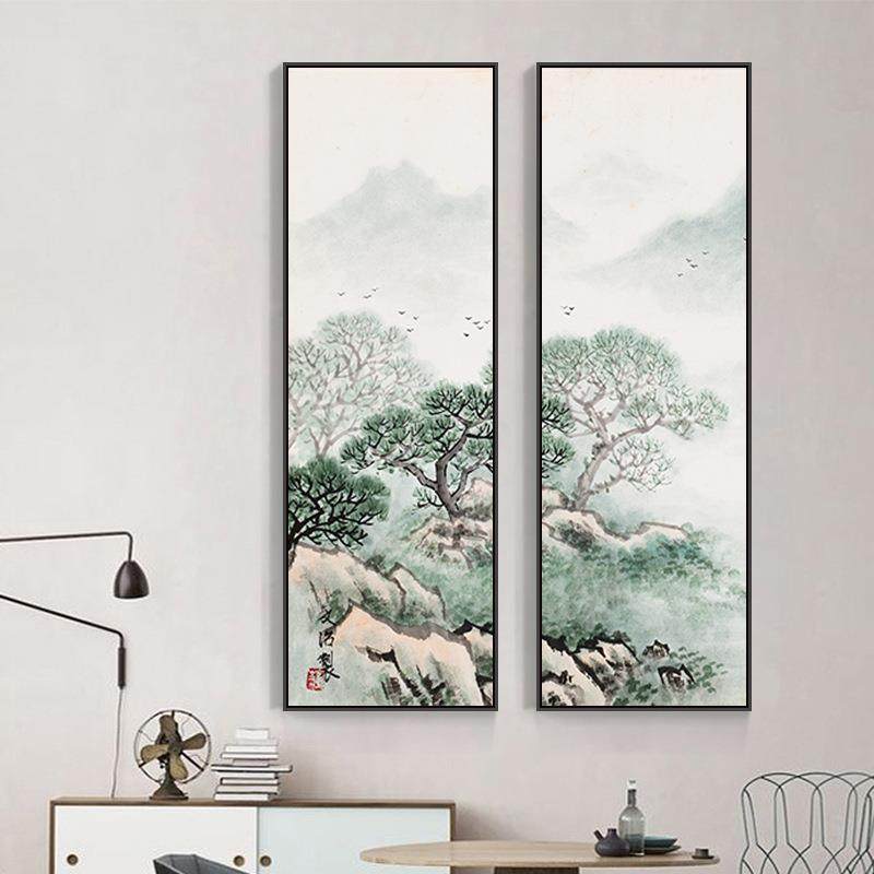 新中式画山水茶画室装饰画复AXL-487古墨百年青松中式挂画水客厅