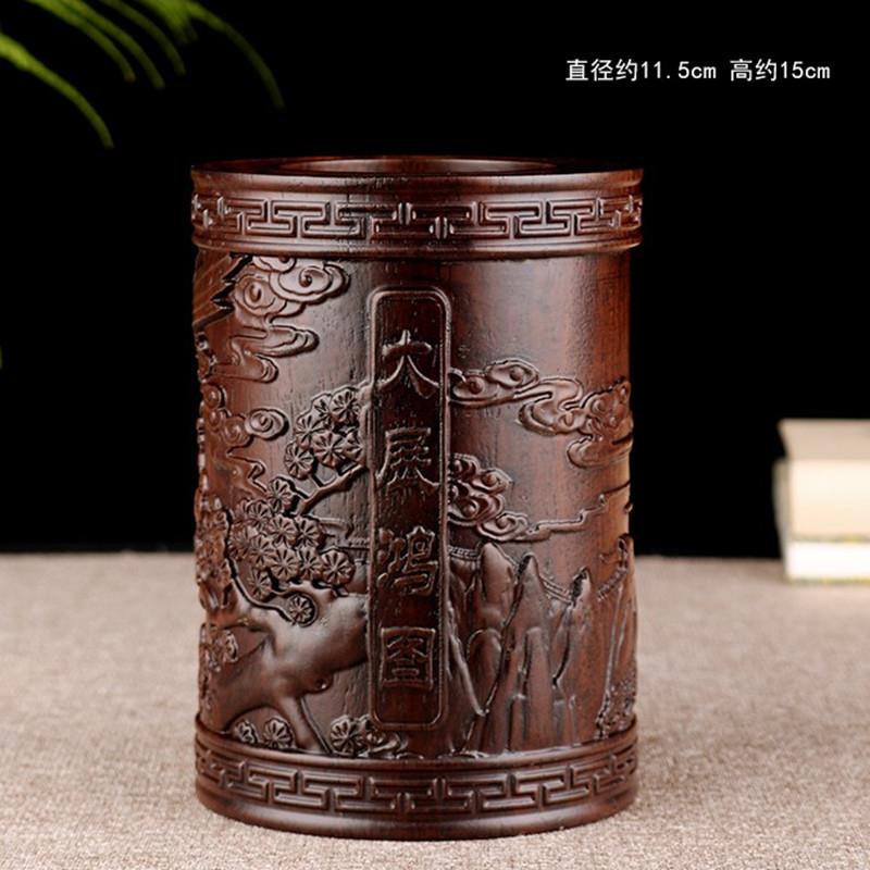 黑檀木实木笔木筒荷花木342雕创意实用质l装笔复古g桌面摆件可刻o